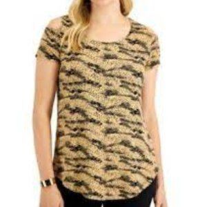 JM Collection Animal Print Cold Shoulder Top